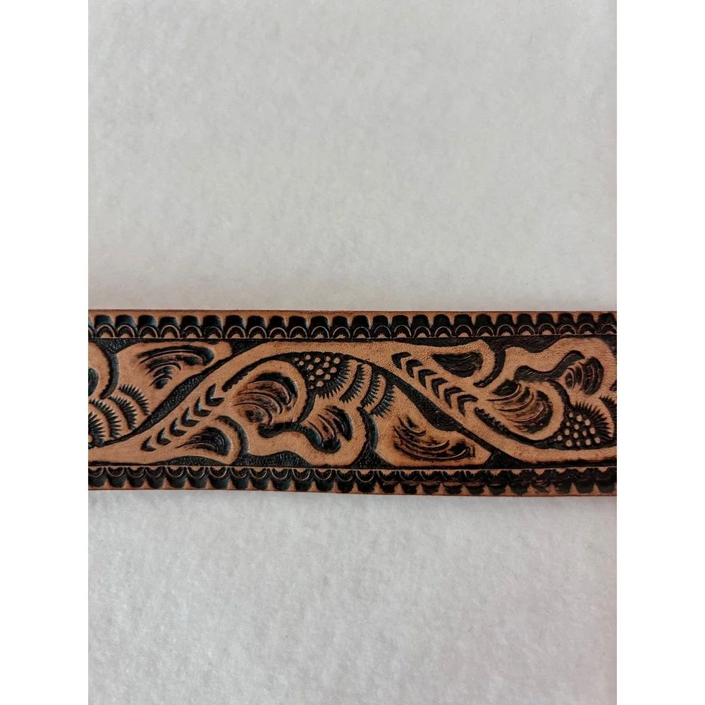 Cardat 7524 Brown Floral Tooled Leather Western Belt Silver‎ Buckle Womens 30